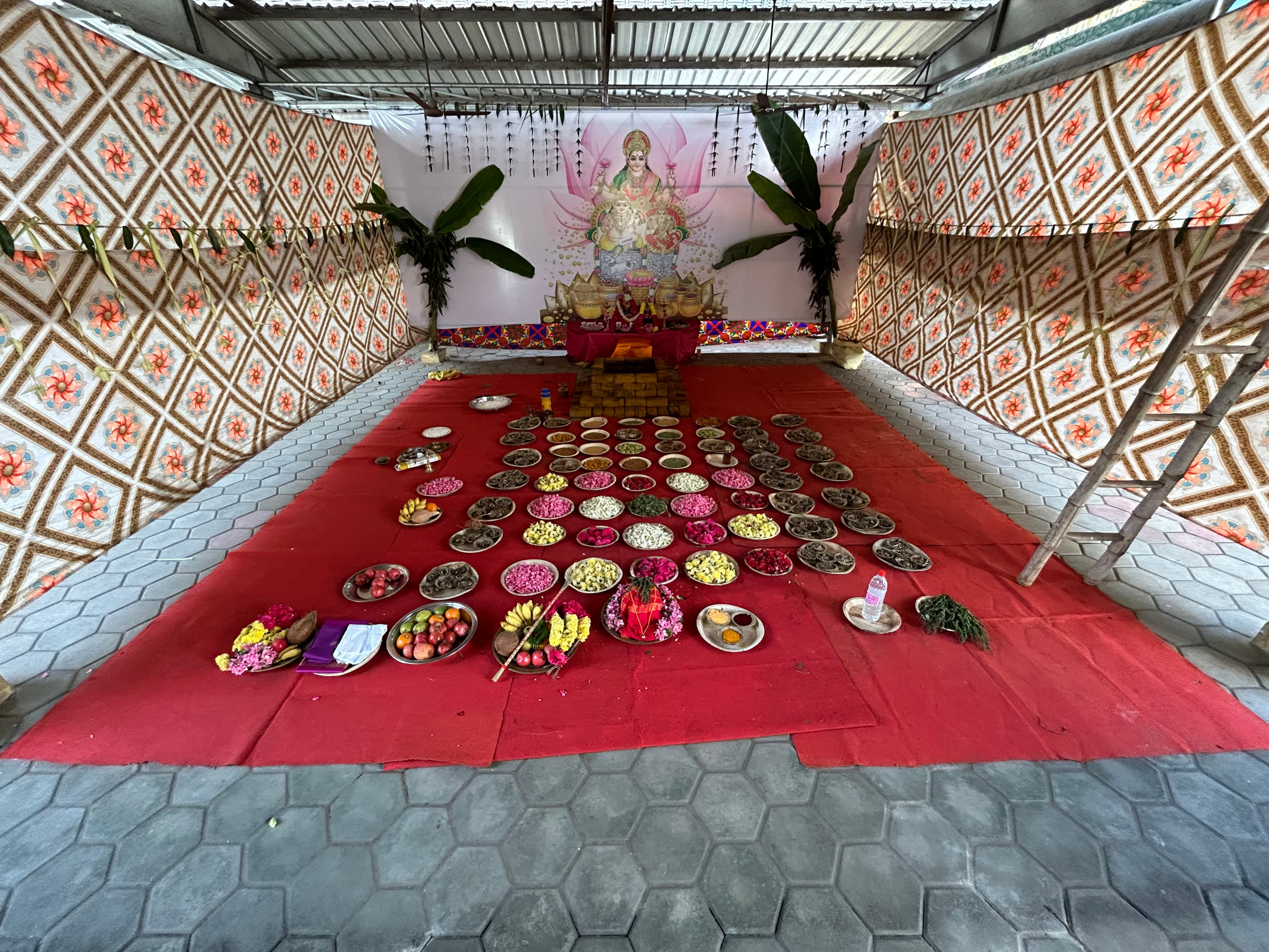 Sacred fire ritual with offerings during homam ceremony